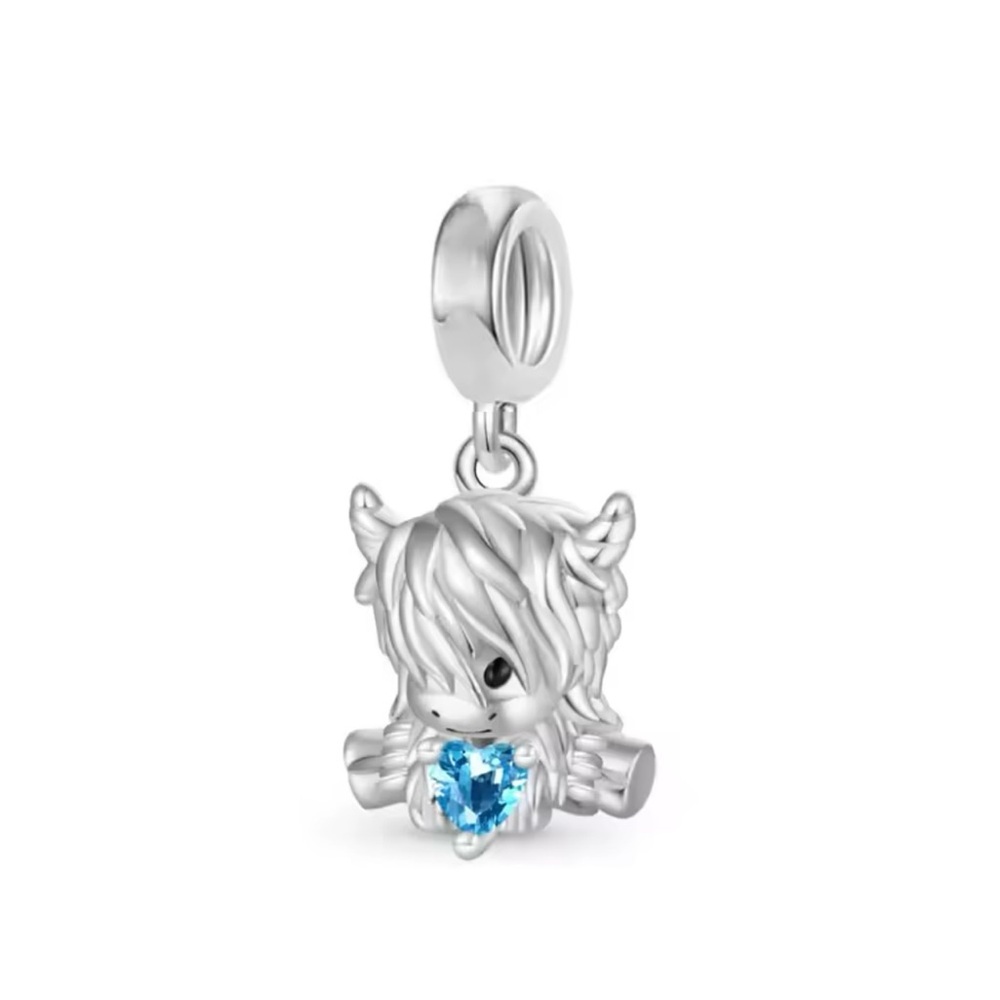 New Highland Cow with Blue Heart Charm - S925
